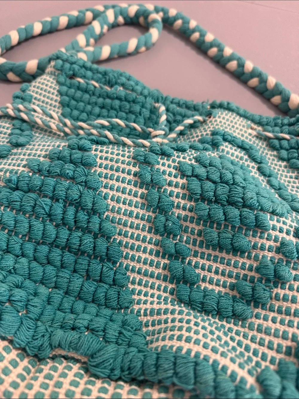 Boho Turquoise Cream 100% Cotton Knit Beach Festival Crossbody Bag Large